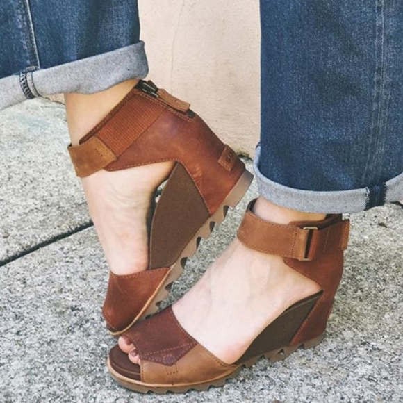 Sorel Joanie Ankle Strap/Zipper Brown Leather Wedge Sandals Size 7 NWOTMSRP $130 - Picture 1 of 8